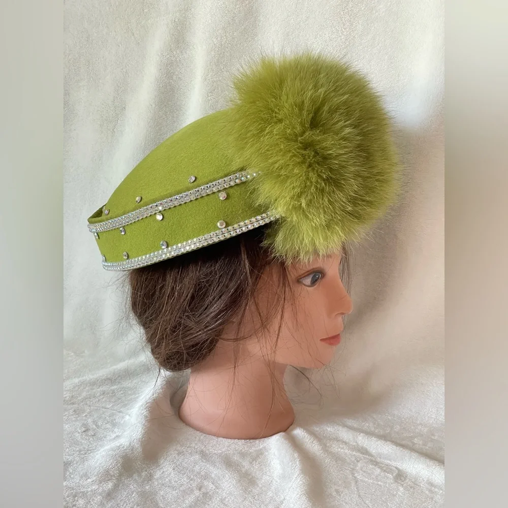 Stunning Mr D’s Vintage hat green wool and rhinestones Sunday church wedding